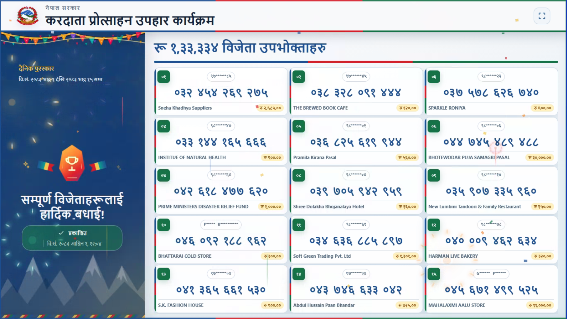 1 | भदौ महिनाका ३१ जना एक लाख र २ जना बम्पर उपहार विजेता घोषणा, कोको परे ? | BAJARKO CHIRFAR https://bajarkochirfar.com/31-winners-of-rs-100000-and-2-bumper-prize-winners-announced-for-the-month-of-bhadra-who-won 1 https://bajarkochirfar.com/31-winners-of-rs-100000-and-2-bumper-prize-winners-announced-for-the-month-of-bhadra-who-won | %tags