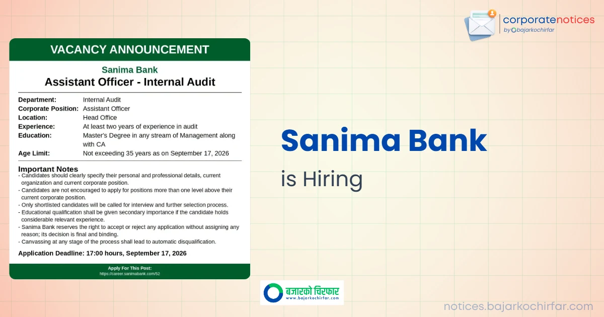 feature 1788774676328 https://bajarkochirfar.com/private-job/sanima-bank-announces-vacancy-for-assistant-officer-internal-audit/ | %tags