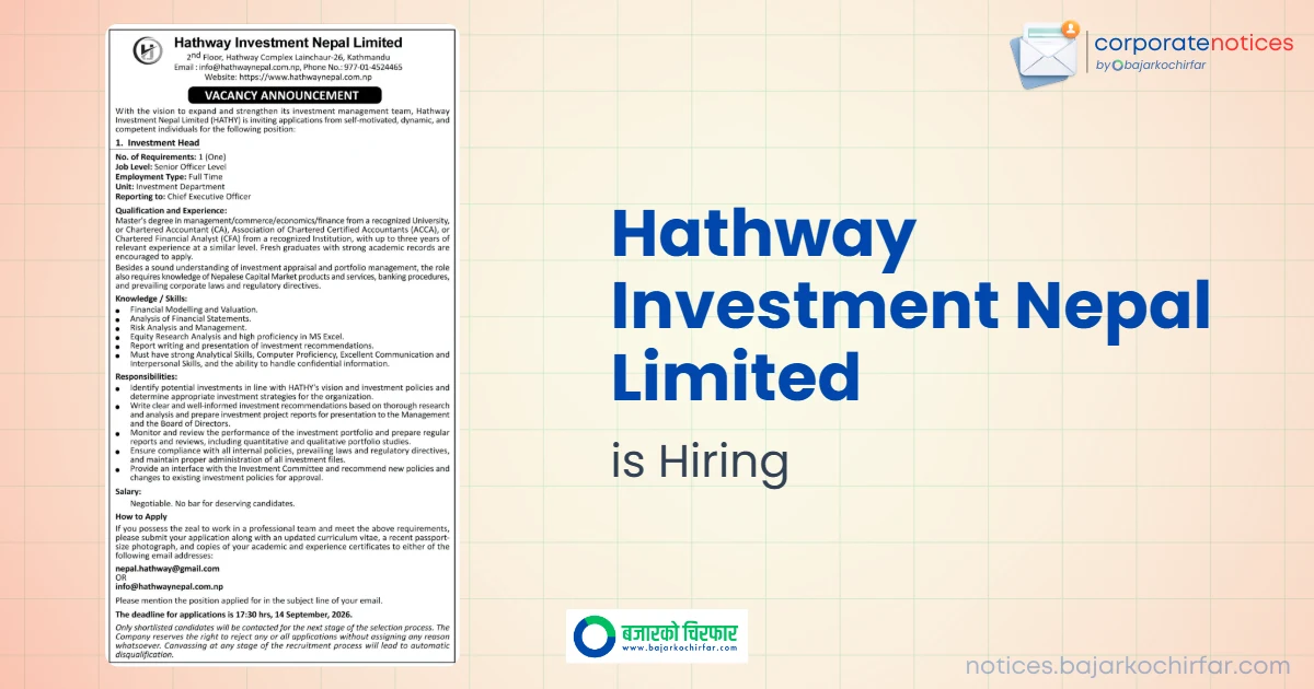 feature 1788774801686 https://bajarkochirfar.com/private-job/hathway-investment-nepal-limited-announces-vacancy-for-investment-head/ | %tags
