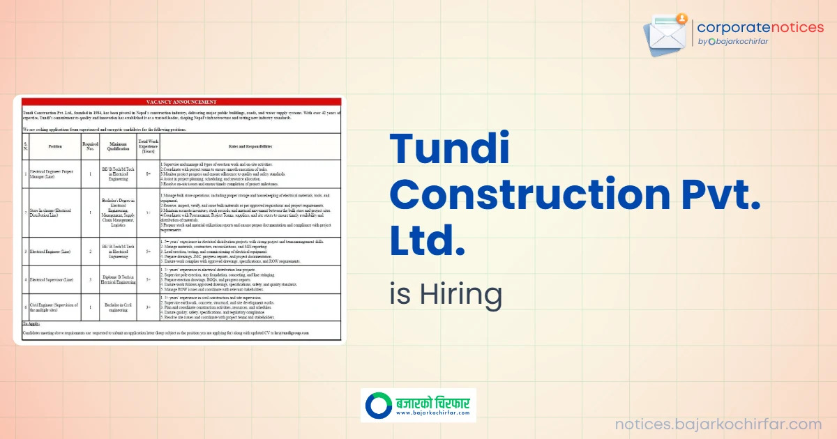 feature 1788864883864 https://bajarkochirfar.com/private-job/tundi-construction-pvt-ltd-announces-vacancies-for-engineering-and-management-positions/ | %tags
