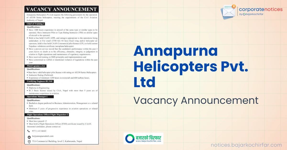 feature 1789027872027 https://bajarkochirfar.com/private-job/annapurna-helicopters-pvt-ltd-announces-vacancies-for-pilots-engineers-and-managers-2/ | %tags