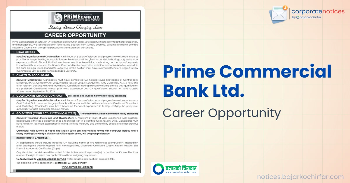 feature 1789716024549 https://bajarkochirfar.com/private-job/prime-commercial-bank-ltd-announces-job-vacancies-for-legal-officer-ca-and-gold-loan-staff/ | %tags