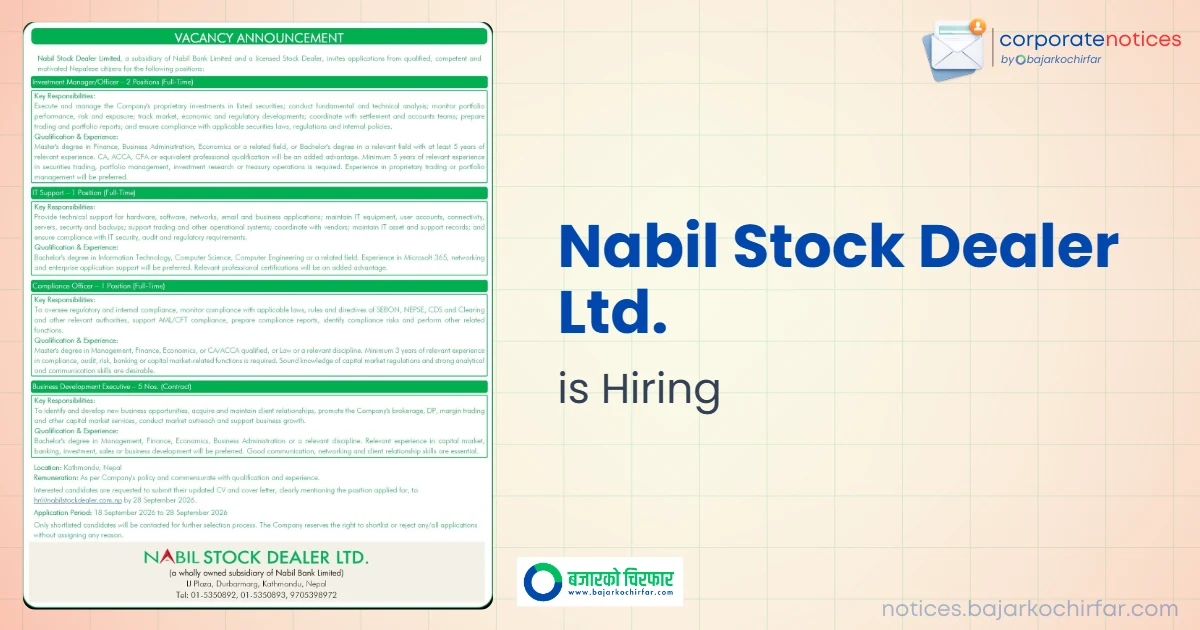 feature 1789868111567 https://bajarkochirfar.com/private-job/nabil-stock-dealer-ltd-announces-vacancies-for-multiple-positions/ | %tags