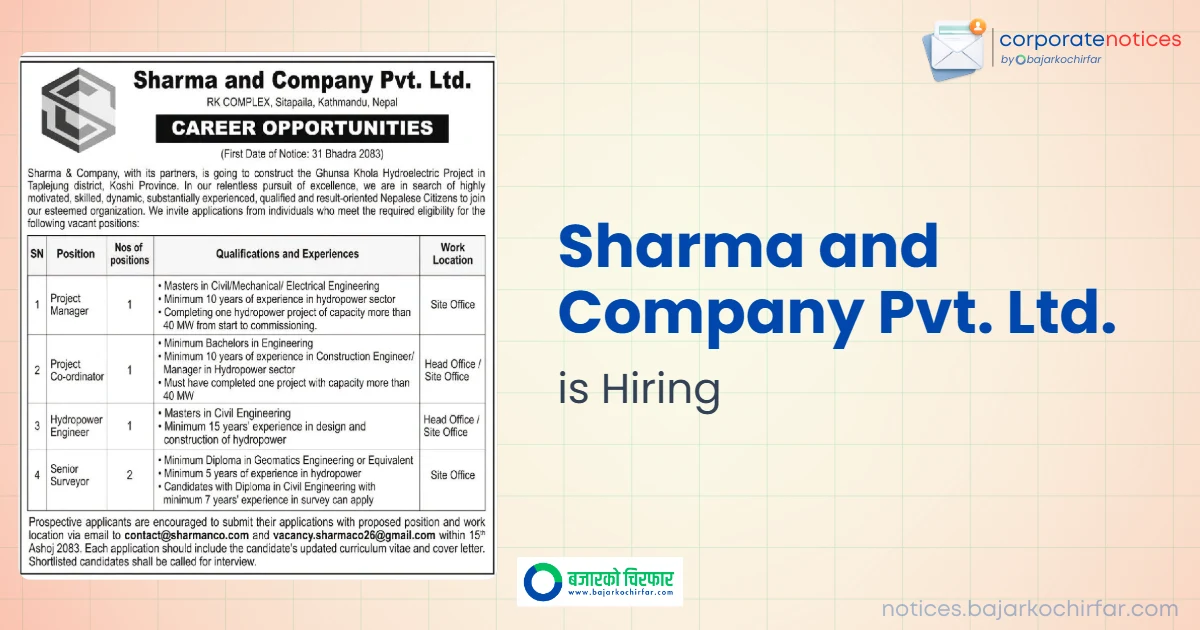 feature 1789868357512 https://bajarkochirfar.com/private-job/sharma-and-company-pvt-ltd-invites-applications-for-various-positions-in-hydropower-project/ | %tags