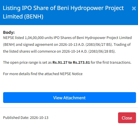 Screenshot 13 10 2026 123332 www.nepalstock.com https://bajarkochirfar.com/beni-hydropowers-ipo-listed-on-nepse-on-tuesday-what-is-the-opening-range | %tags