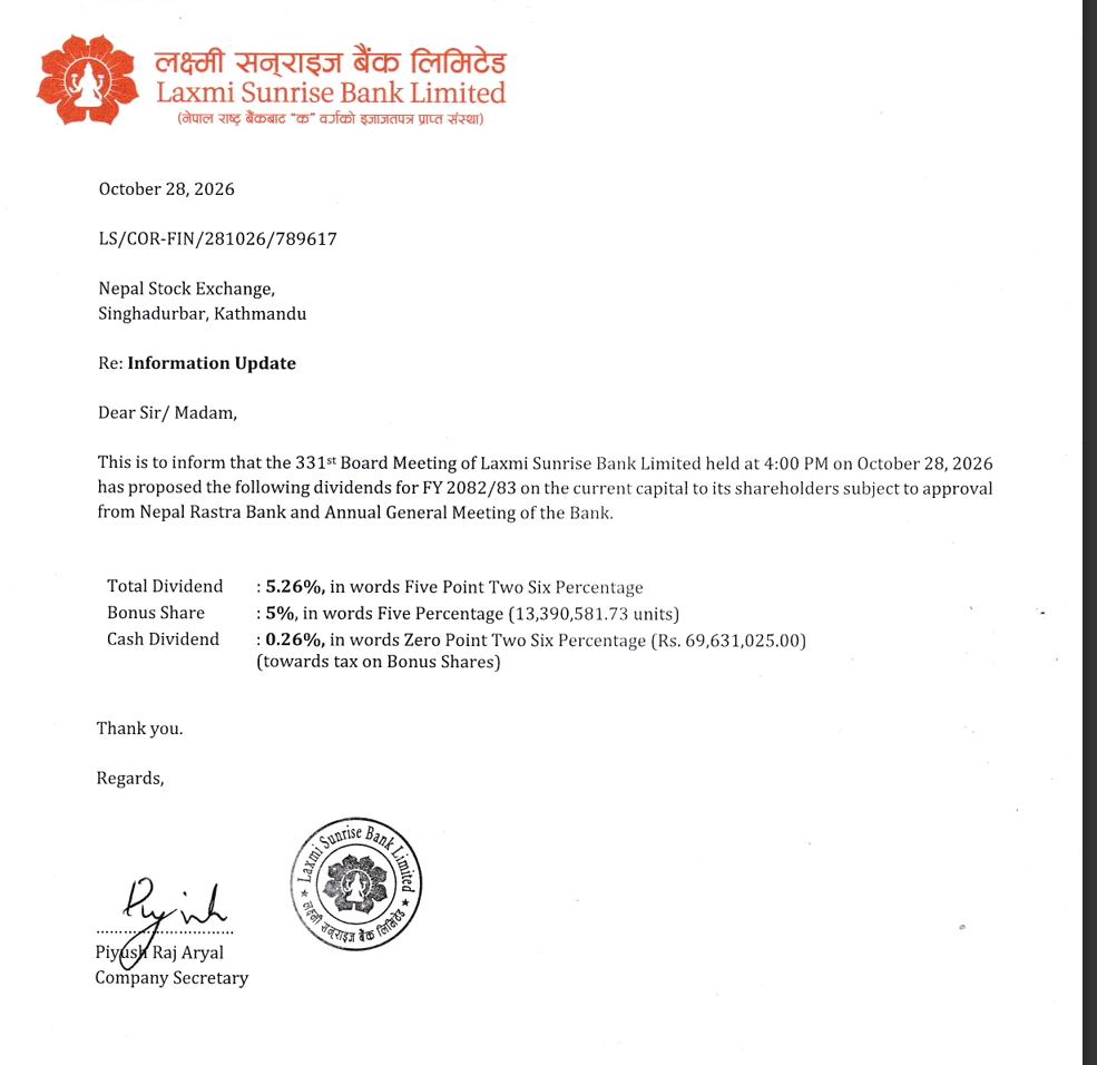 Screenshot 29 10 2026 10124 www.nepalstock.com https://bajarkochirfar.com/laxmi-sunrise-bank-has-declared-a-dividend-how-much-bonus-and-cash-is-it-giving | %tags