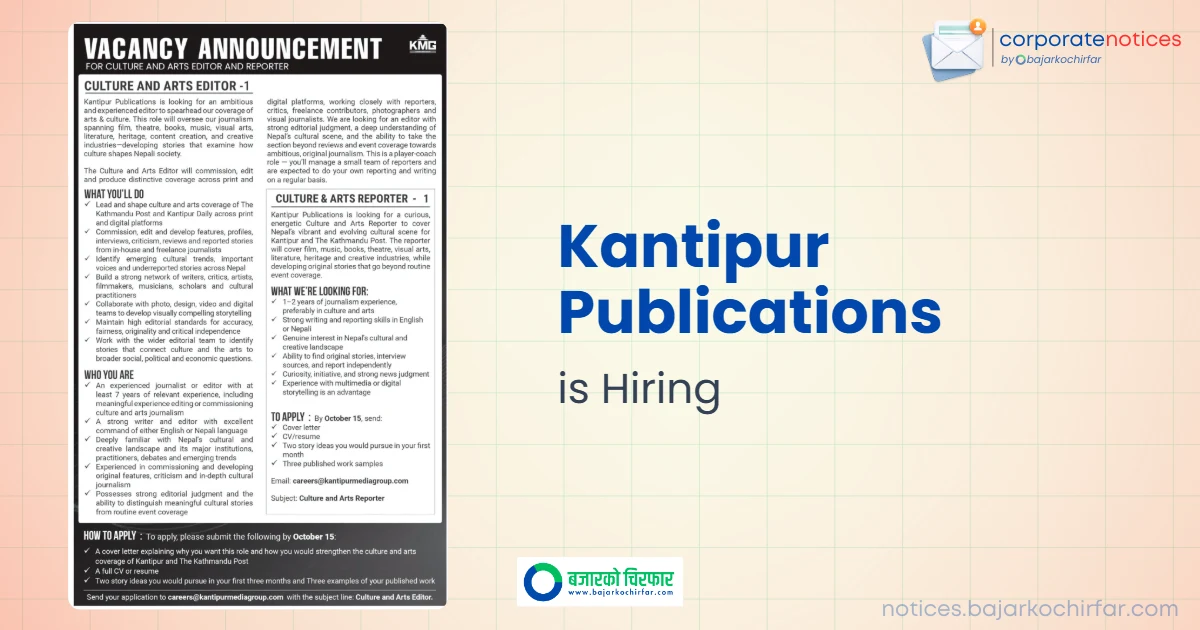 feature 1791078719810 https://bajarkochirfar.com/private-job/job-openings-for-editor-and-reporter-at-kantipur-publications/ | %tags